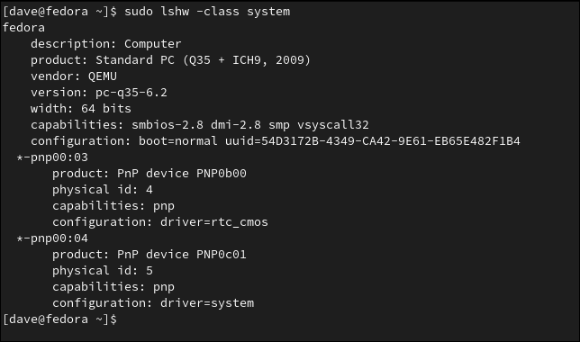 GNOMEBoxesVMでレポートするlshwコマンド