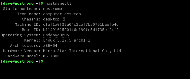 「仮想化」情報のない、物理コンピューターでのhostnamectlコマンドからの出力