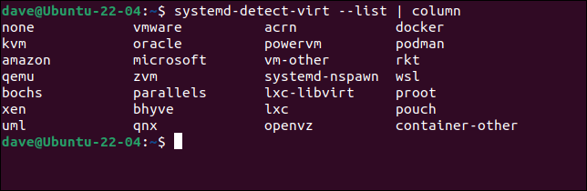 systemd-detect-virtが返すことができる応答の完全なセット