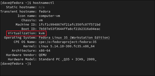 仮想化ラインが強調表示されたGNOMEBoxesVMのhostnamectlコマンドからの出力