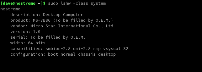 物理コンピューターでレポートするlshwコマンド