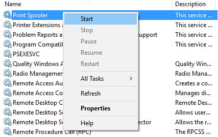 Print Spoolerサービスを右クリックし、[スタート]、[スプーラー]の順に選択します。 Windows10でスタックした印刷ジョブをキャンセルまたは削除する