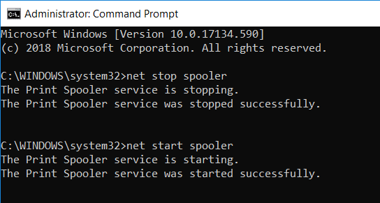 net start spoolerと入力し、Enterキーを押します