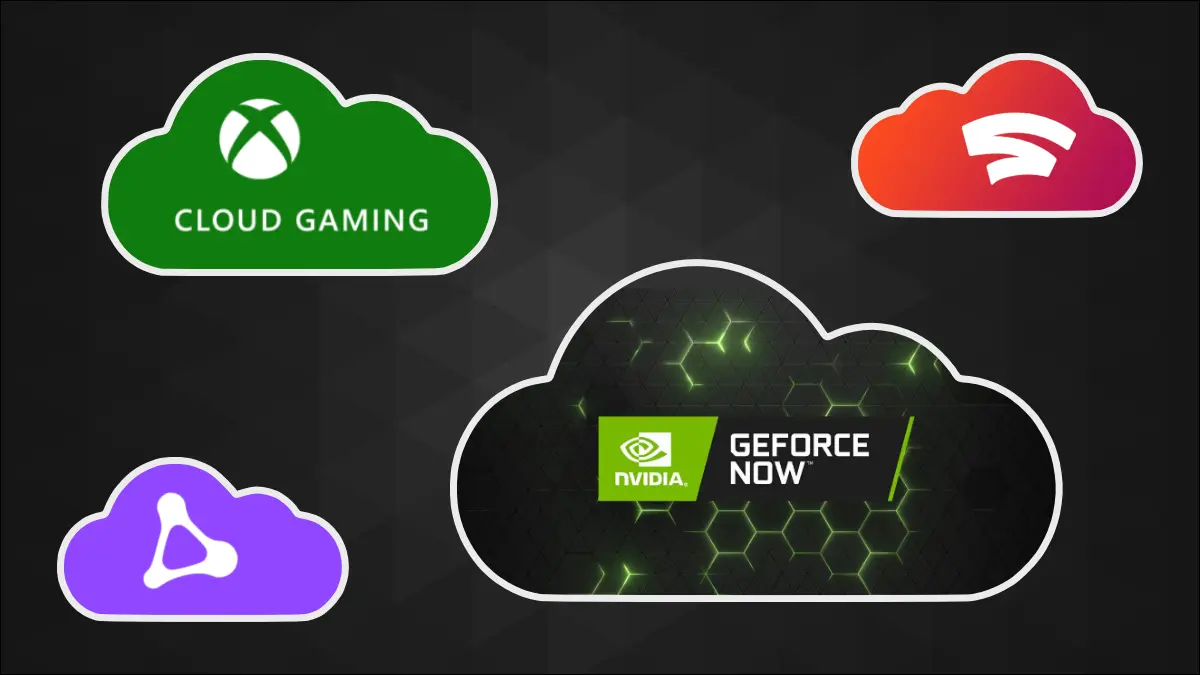 Logo platform game cloud bertatahkan di cloud, termasuk NVIDIA GeForce Now, Xbox Cloud Gaming, Google Stadia, dan Amazon Luna