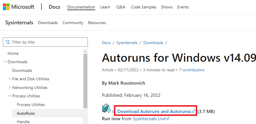 cliquez sur le lien hypertexte Autoruns et Autorunsc pour installer les fichiers. Correction de l'erreur AdbwinApi.dll manquante dans Windows 10