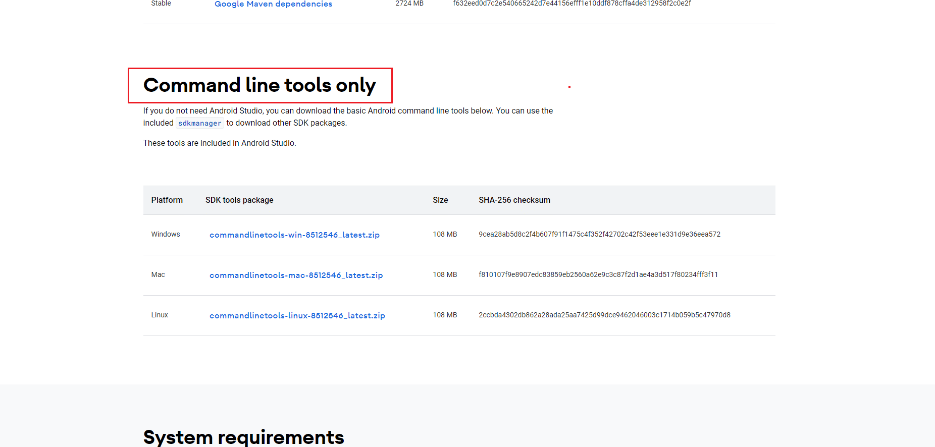 section des outils de ligne de commande de la page de téléchargement d'android studio uniquement
