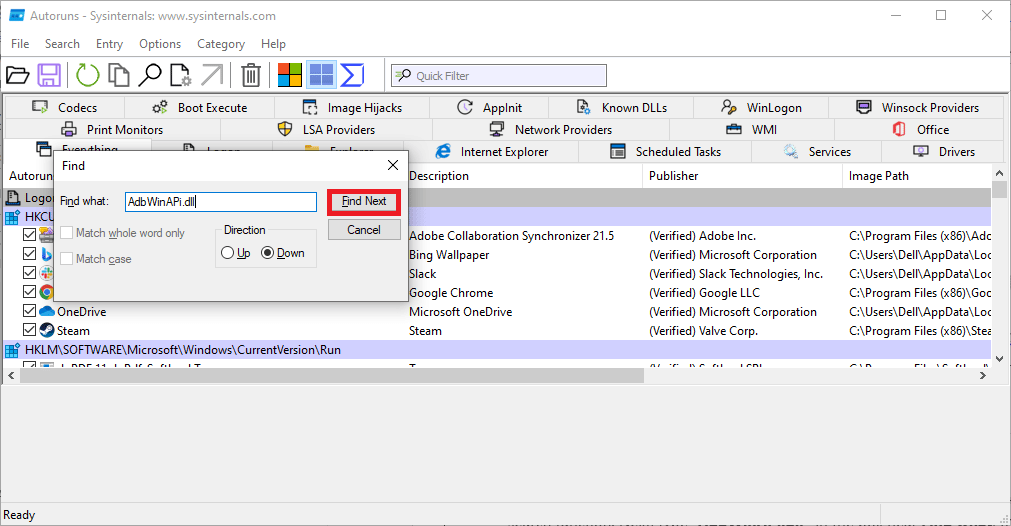 utilisez à nouveau la fonction de recherche et traitez les entrées qui contiennent AdbWinAPi.dll. Correction de l'erreur AdbwinApi.dll manquante dans Windows 10