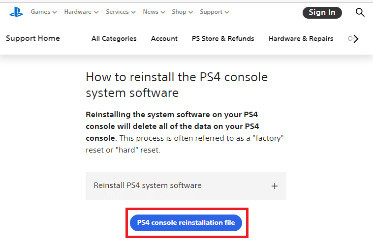 Klicken Sie auf die Option für die Neuinstallationsdatei der PS4-Konsole, um sie herunterzuladen