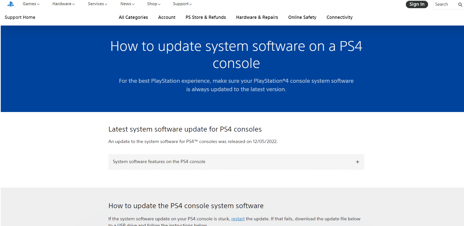 Playstation-Update-Systemsoftware-Supportseite. PS4-Fehler CE-34788-0 behoben