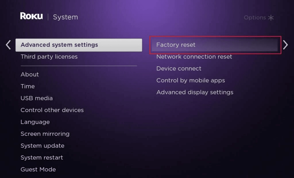 Pilih reset pabrik. Cara Memperbaiki Saluran Riwayat Roku Tidak Berfungsi