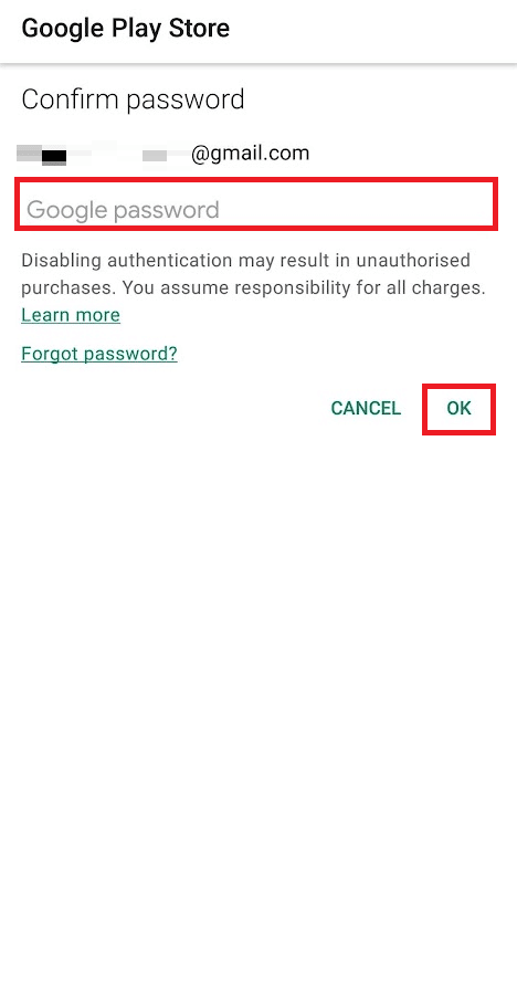 Ingrese la contraseña de Google para confirmar el proceso y toque Aceptar