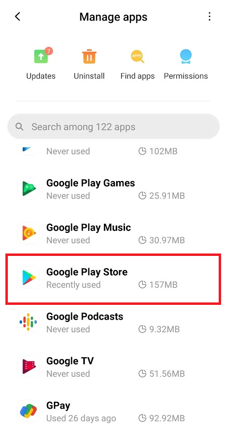Toca Administrar aplicaciones. Arreglar la autenticación de Google Play es un error requerido en Android