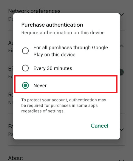 Seleccione el campo Nunca. Arreglar la autenticación de Google Play es un error requerido en Android