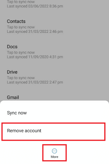 Toque el ícono Más y seleccione la opción Eliminar cuenta. Arreglar la autenticación de Google Play es un error requerido en Android