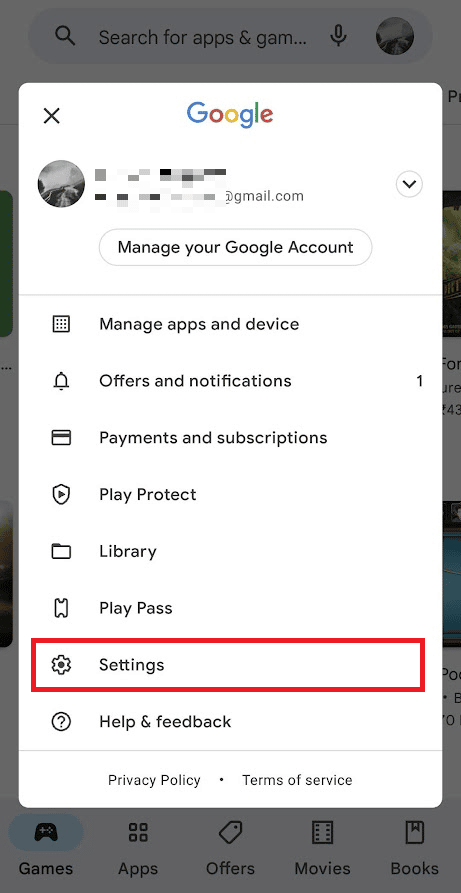 Toque en la opción Configuración. Arreglar la autenticación de Google Play es un error requerido en Android