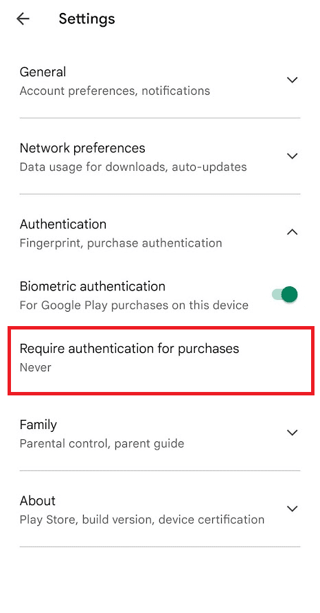 Toque Requerir autenticación para compras