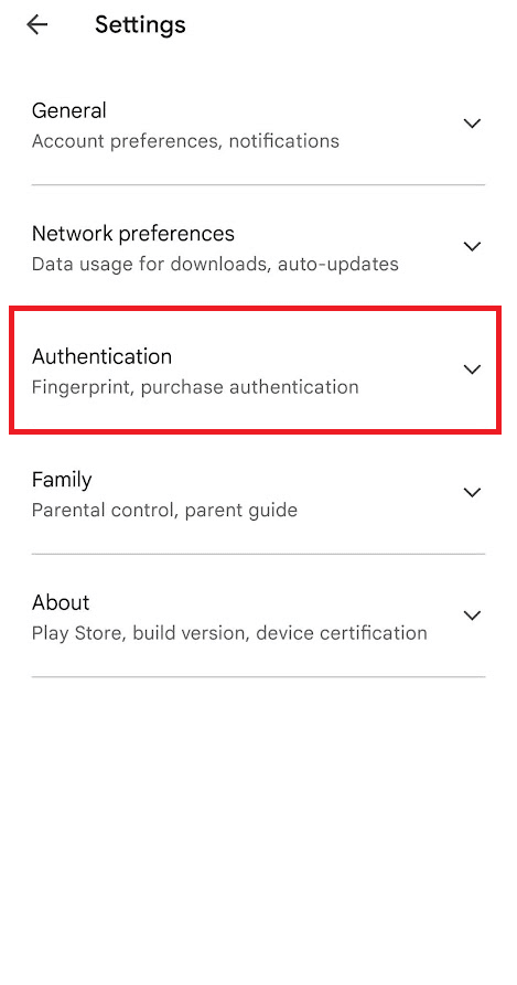 Toque la opción desplegable Autenticación. Arreglar la autenticación de Google Play es un error requerido en Android