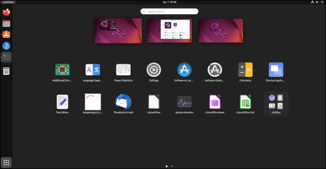 Ubuntu 22.04'te uygulamalar görünümü
