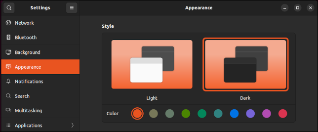 Ubuntu 22.04'te Görünüm bölmesinde seçilen karanlık mod