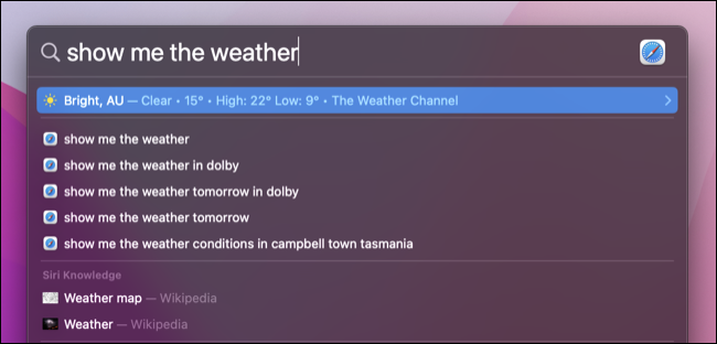 macOSSpotlightの「天気を表示」コマンド