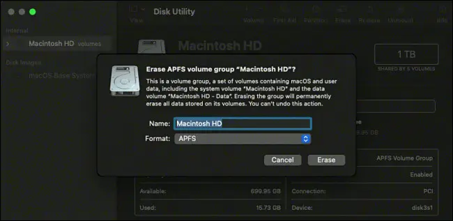 امسح "Macintosh HD" في Disk Utility.