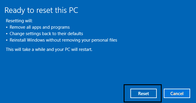 PCをリセットするには、[リセット]をクリックします