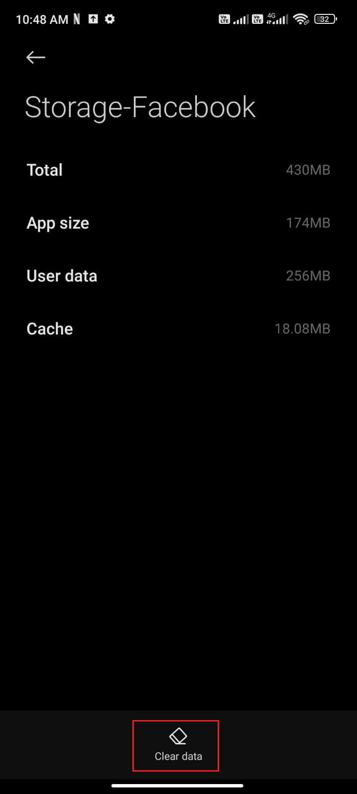 Verileri temizle'ye ve ardından Önbelleği temizle seçeneğine dokunun. Facebook'un Android'de Çökmeye Devam Etmesini Düzeltin