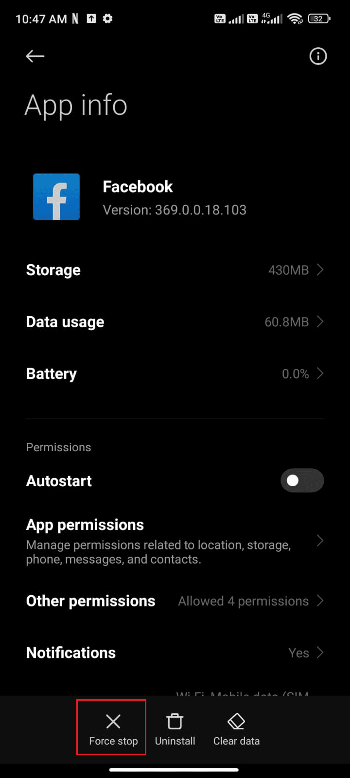 Zorla durdurma seçeneğine dokunun. Facebook'un Android'de Çökmeye Devam Etmesini Düzeltin