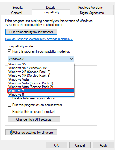 互換性のあるWindowsを選択してください
