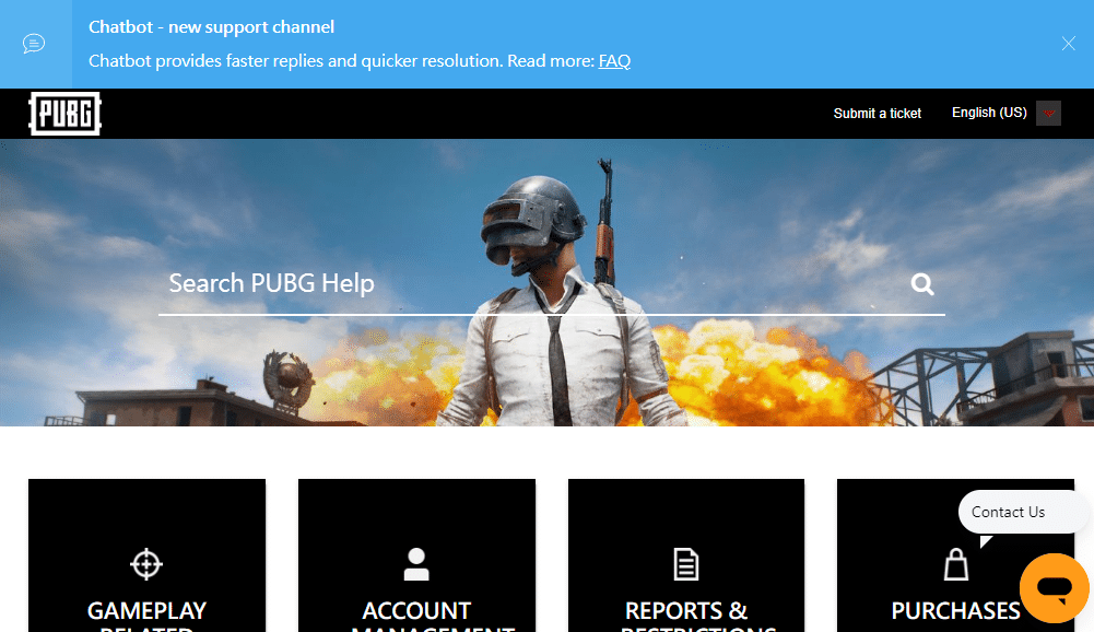 公式PUBGサポートページに移動します