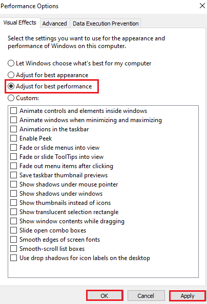 [最高のパフォーマンスに調整]オプションを選択し、[OK]をクリックして適用します。 Windows10でのPUBGの遅延を修正
