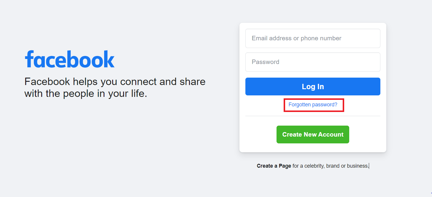 Fare clic sulla password dimenticata? opzione | elimina il vecchio account Facebook senza password o e-mail