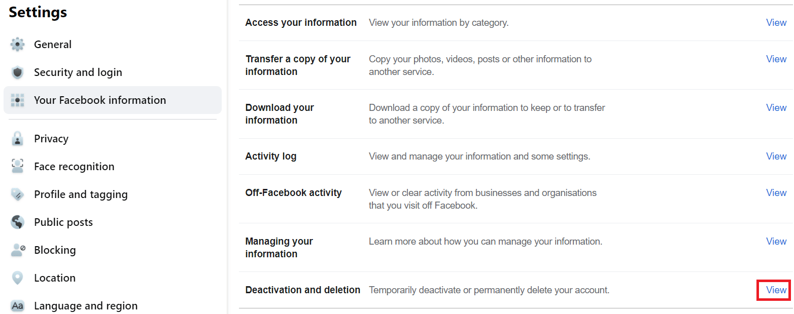 Fare clic su Visualizza accanto all'opzione Disattivazione ed eliminazione | Come eliminare l'account Facebook senza password