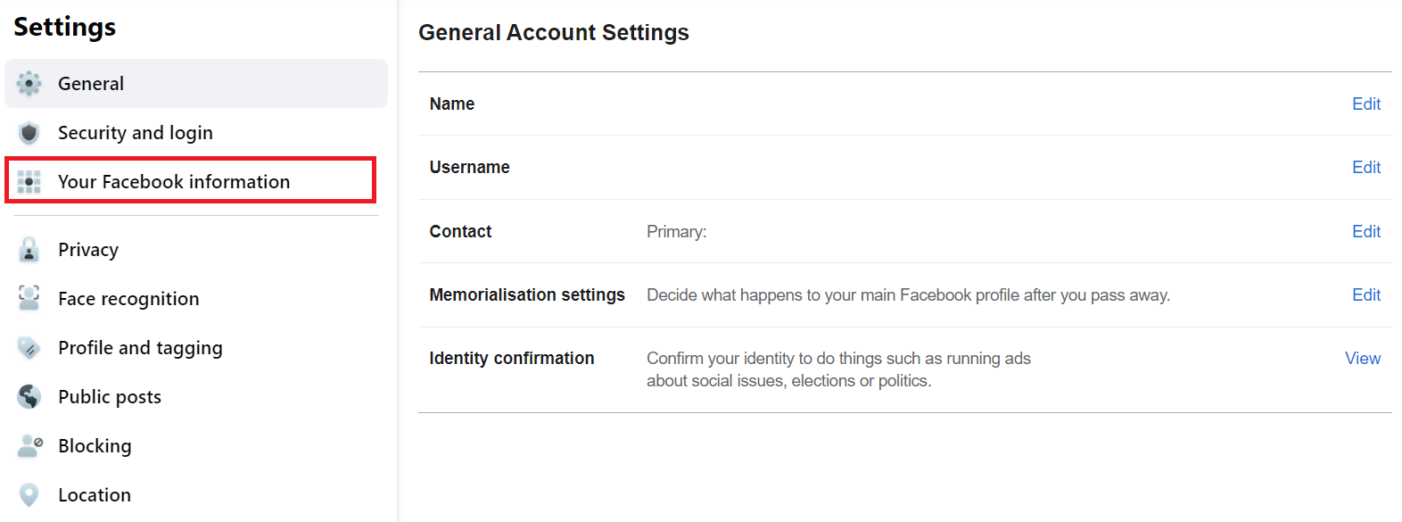 fai clic sull'opzione Le tue informazioni su Facebook | elimina il vecchio account Facebook senza password o e-mail