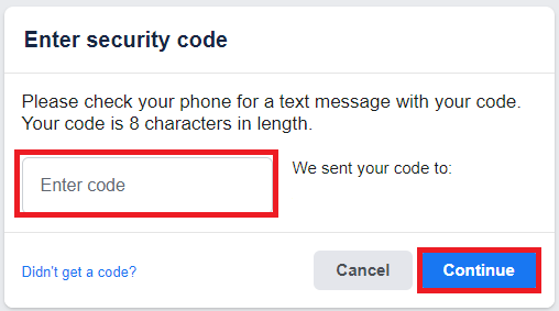 Inserisci l'OTP a 8 cifre che hai ricevuto sul tuo cellulare e clicca su Continua | Come eliminare l'account Facebook senza password