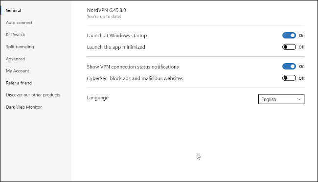 หน้าจอการตั้งค่าของ NordVPN