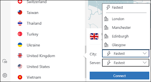 การเลือกเมืองเฉพาะใน NordVPN