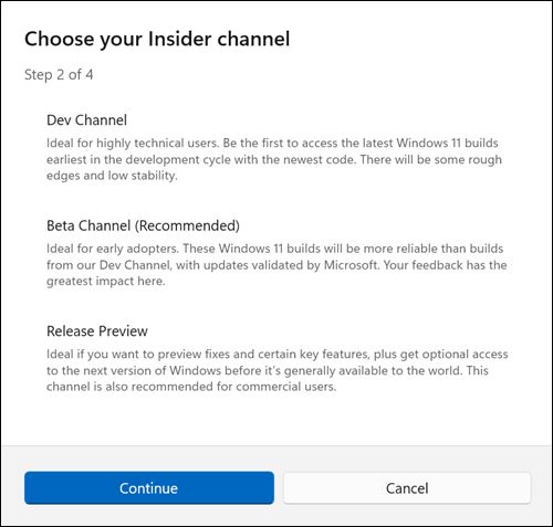 Kullanmak istediğiniz Insider Kanalı'nı seçin.