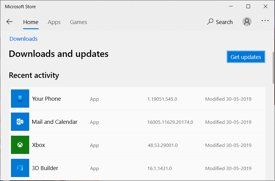 Faceți clic pe butonul Obțineți actualizări pentru a actualiza aplicațiile Windows Store