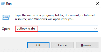 Введите Outlook Safe в поле «Выполнить» и нажмите «Ввод». Исправление попытки Outlook подключиться к серверу
