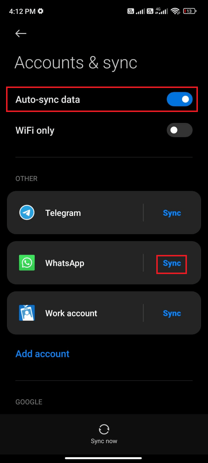 ketuk opsi Sinkronkan di sebelah WhatsApp