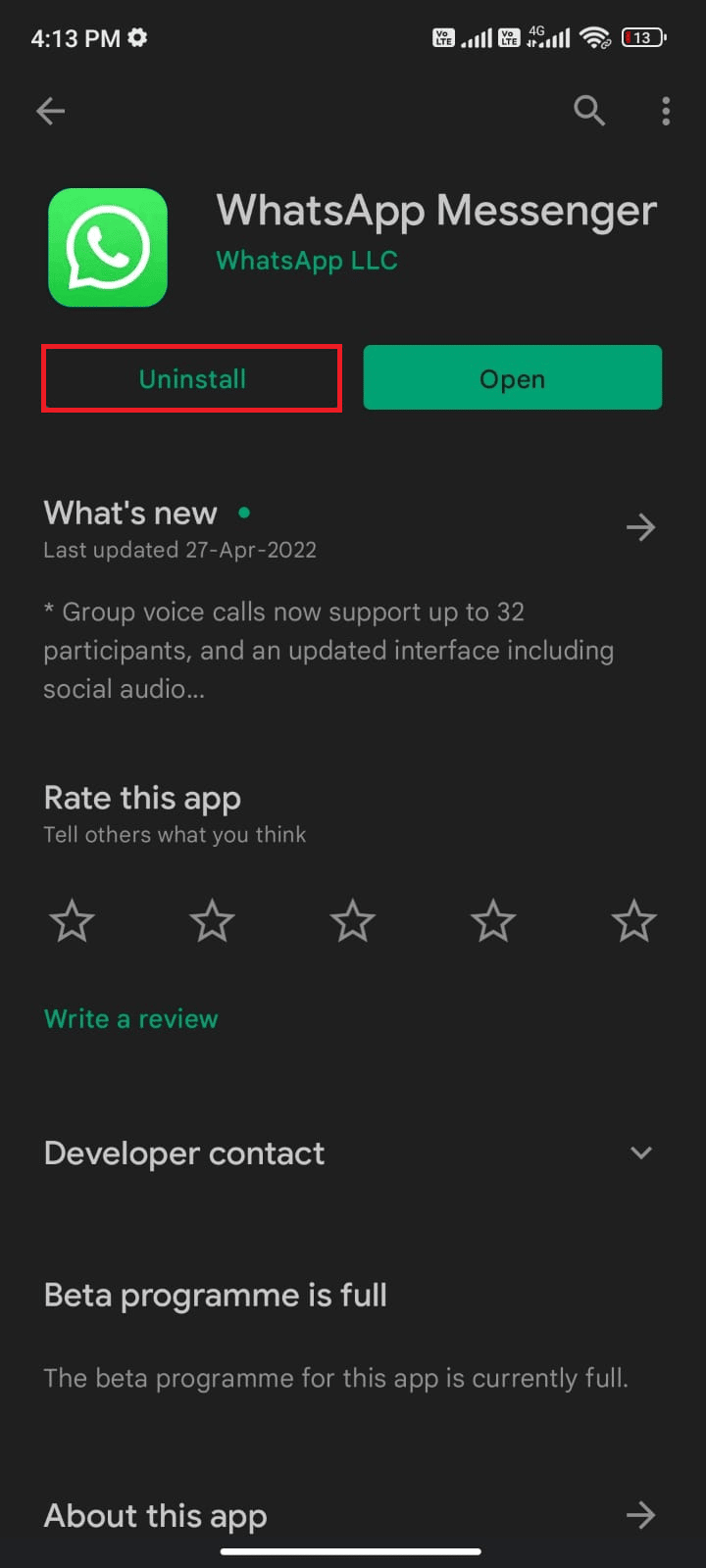 ketuk Copot pemasangan. Perbaiki WhatsApp Terus Crash di Android