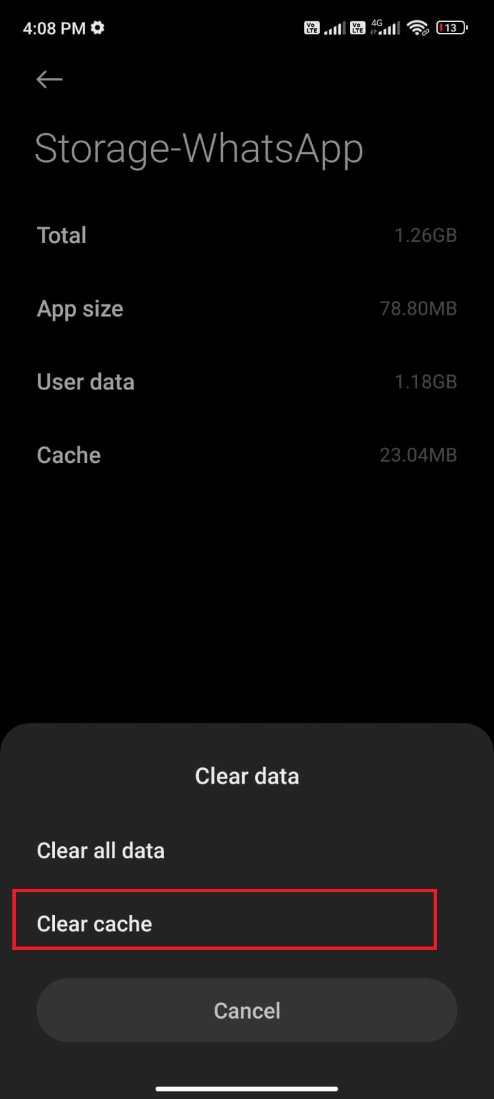 ketuk Hapus data diikuti oleh opsi Hapus cache