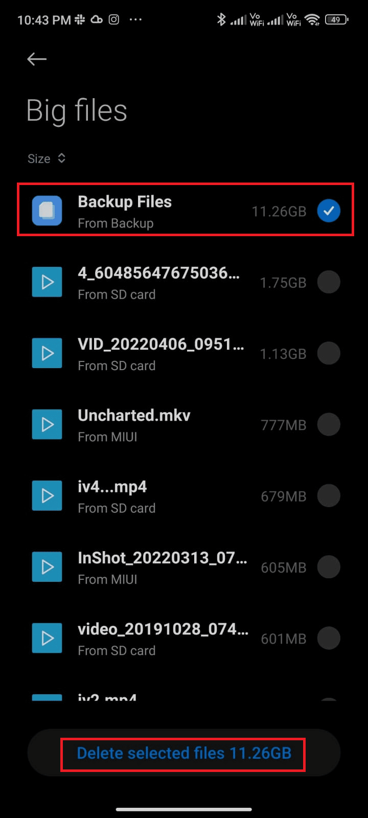 pilih semua file yang tidak perlu dan ketuk Hapus file yang dipilih. Perbaiki WhatsApp Terus Crash di Android