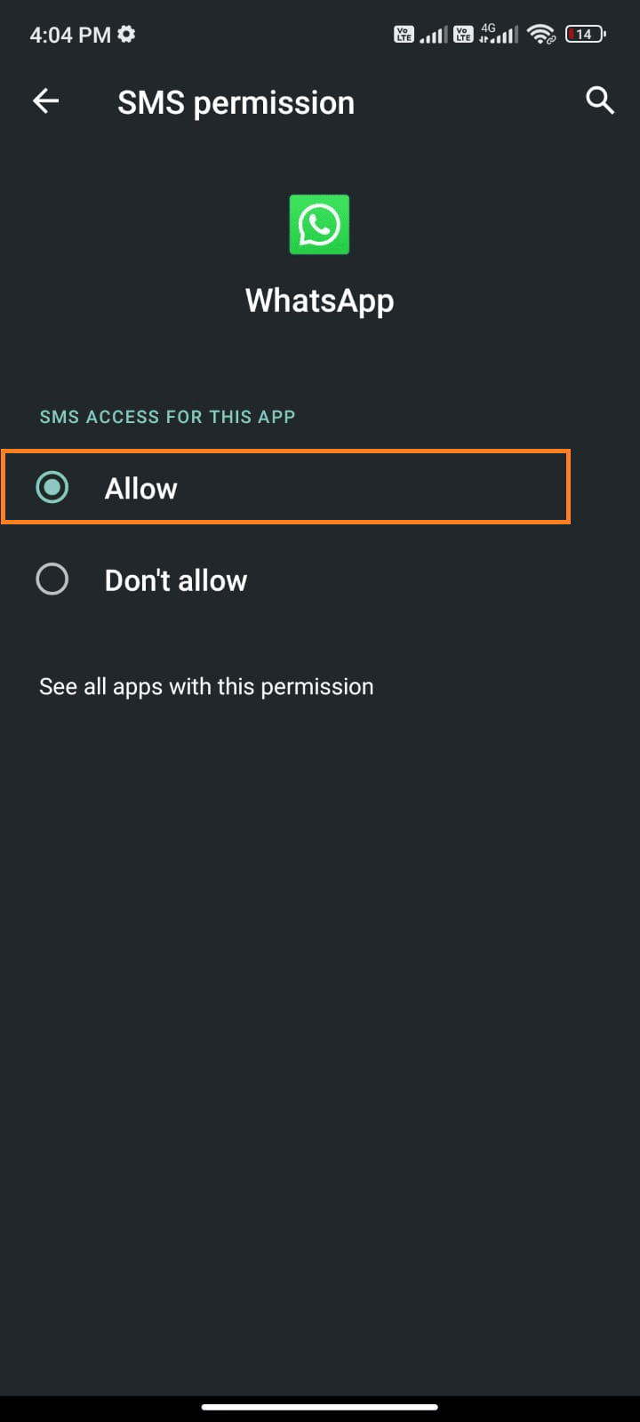 ketuk opsi IZINKAN untuk mengakses izin itu. Perbaiki WhatsApp Terus Crash di Android