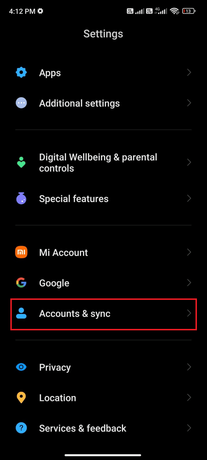 ketuk opsi Sinkronisasi akun. Perbaiki WhatsApp Terus Crash di Android