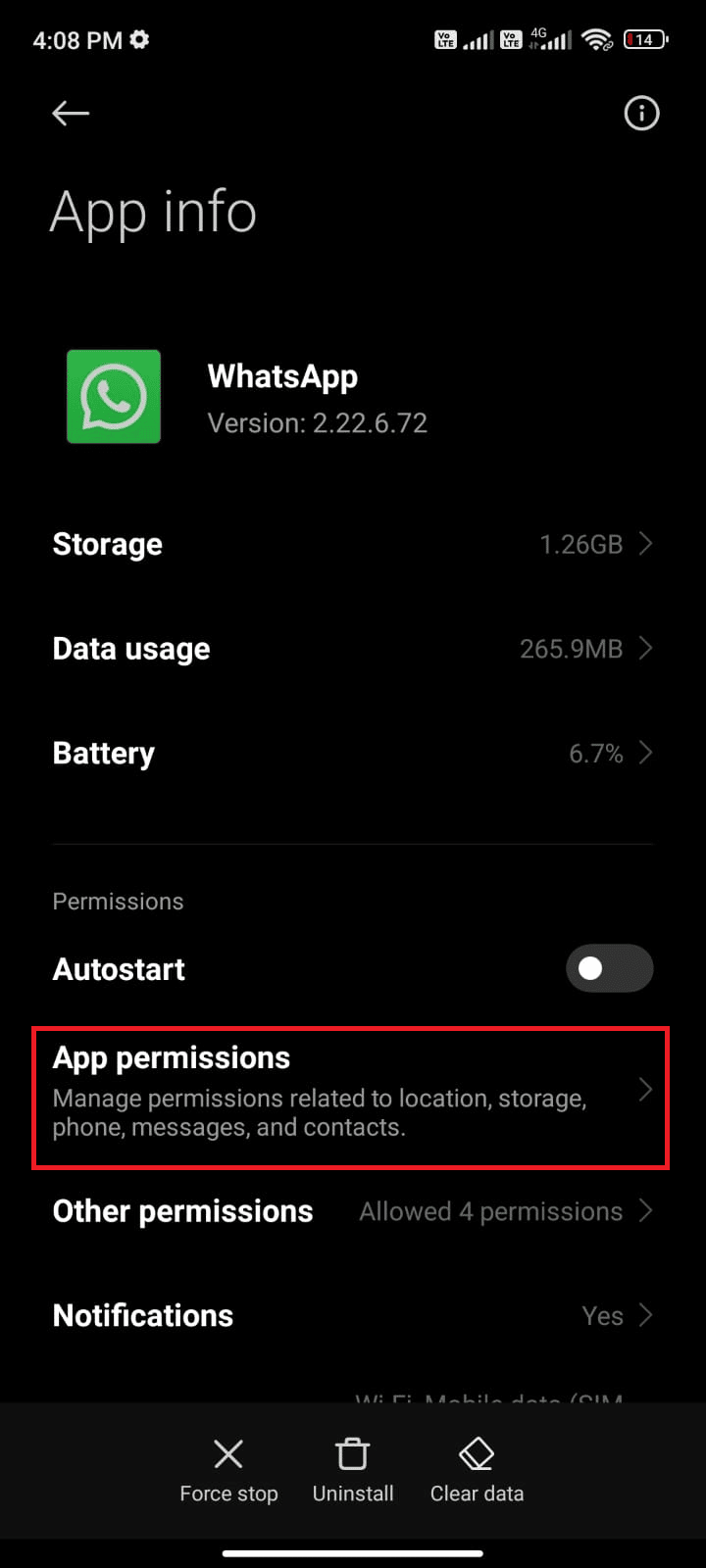 ketuk Izin aplikasi. Perbaiki WhatsApp Terus Crash di Android