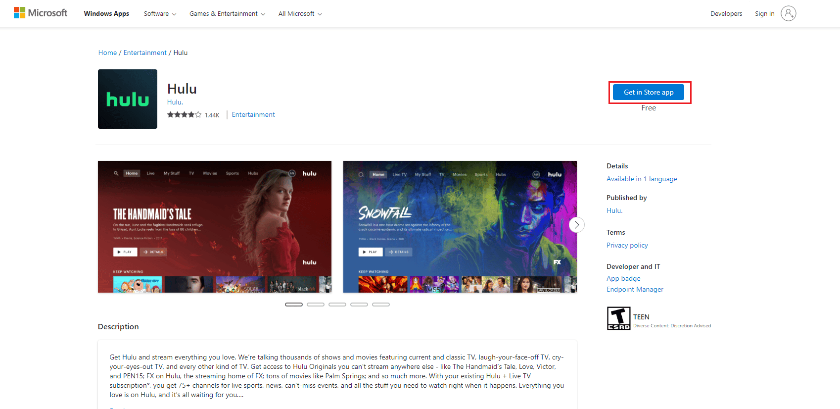 загрузить приложение Hulu на странице магазина Microsoft