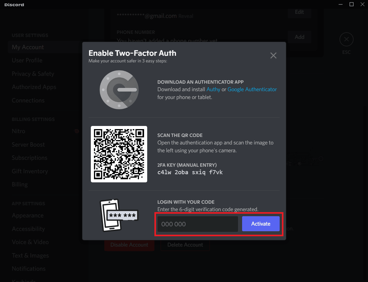 masukkan kode verifikasi 6 digit dan klik Aktifkan | Cara Beralih Antara Beberapa Akun di Discord