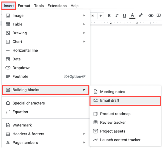 Draf Email di bawah Blok Bangunan di menu Alat